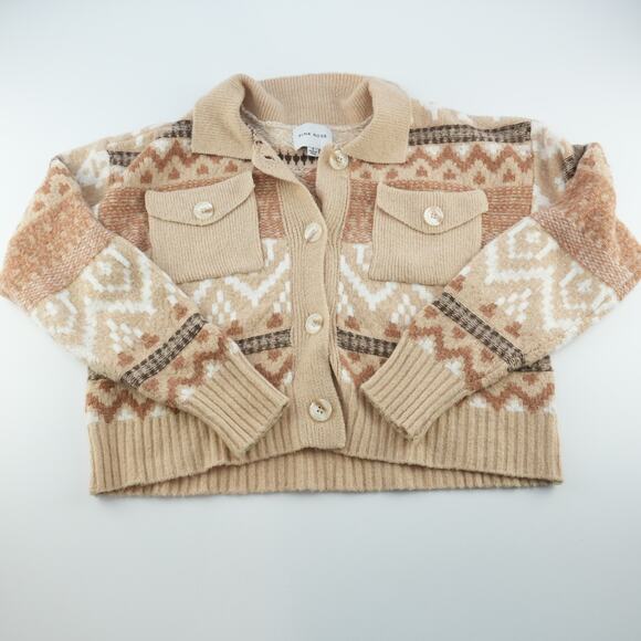 Pink Rose Sweater Womens Small Aztec Cardigan Button Front Pockets Boho Casual - Picture 1 of 16